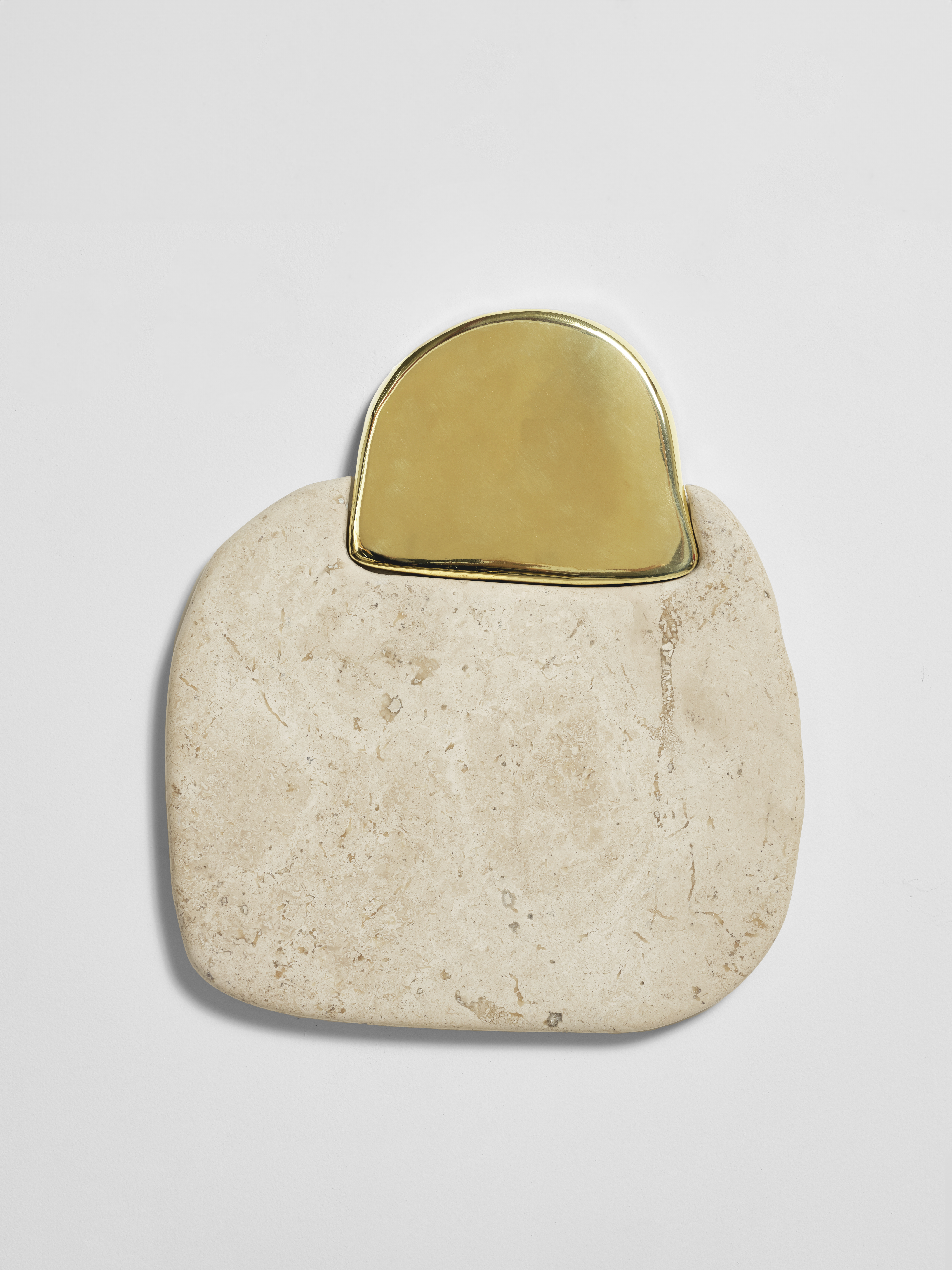 Egg on Bed, 2023, White Travertine, Polished Bronze and Plywood Support