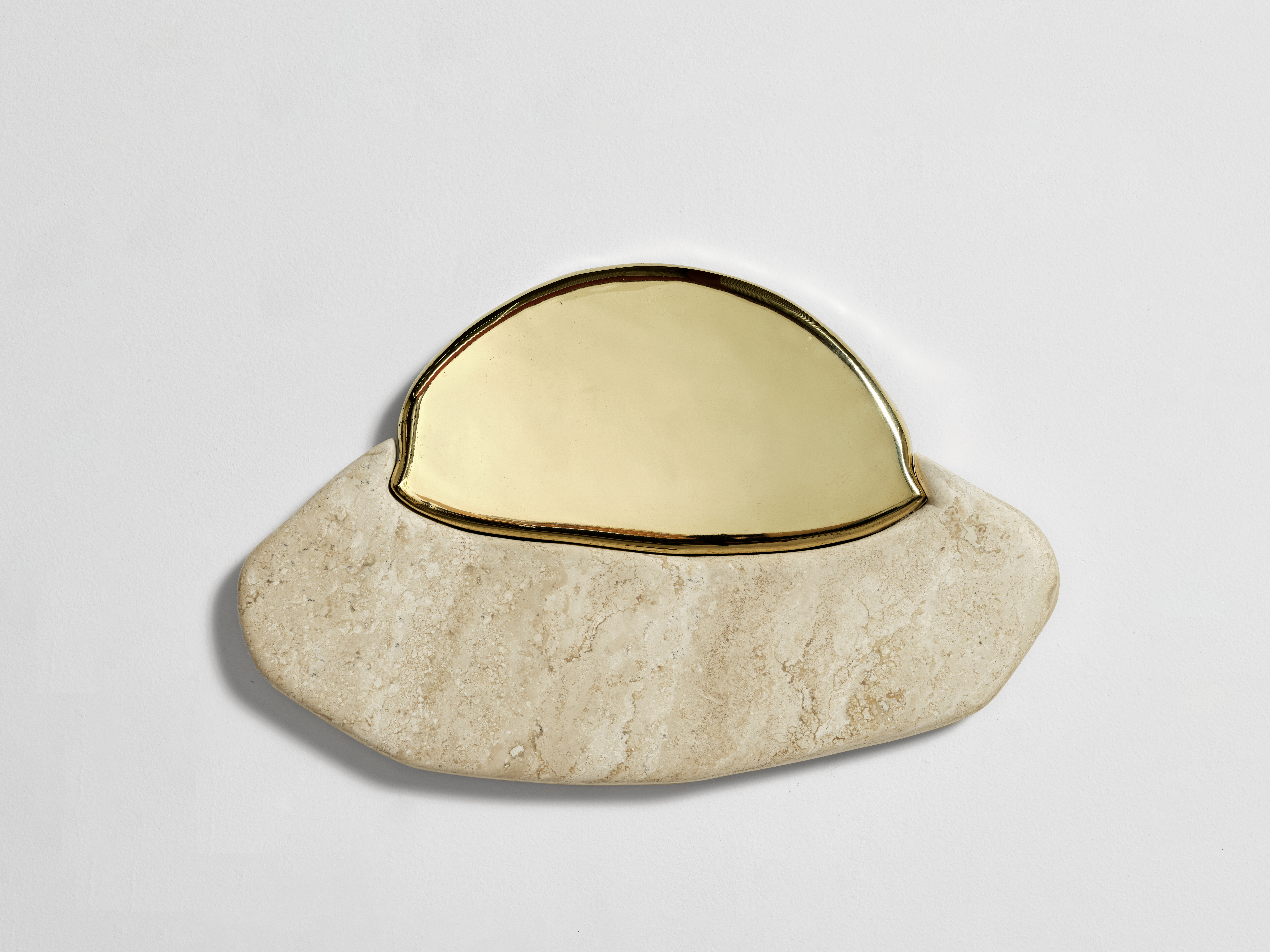 Expanding Egg, 2023, White Travertine, Polished Bronze and Plywood Support
