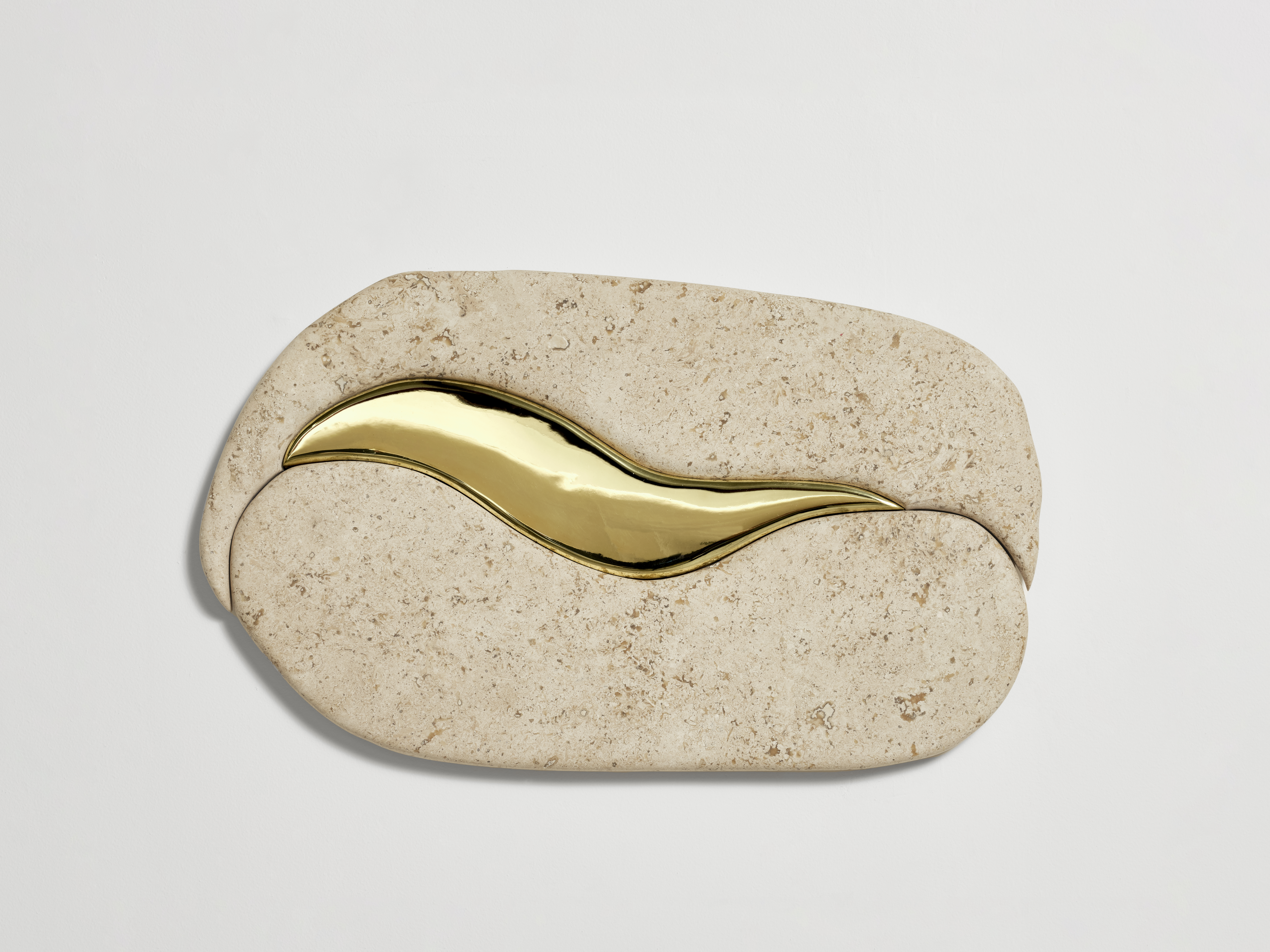 Simbiosis Maternal, 2023, White Travertine, Polished Bronze and Plywood Support